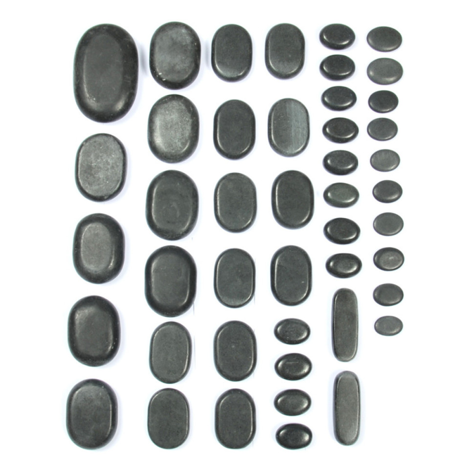 Набор массажных камней 36 шт из базальта в коробке из бамбука НК-1Б