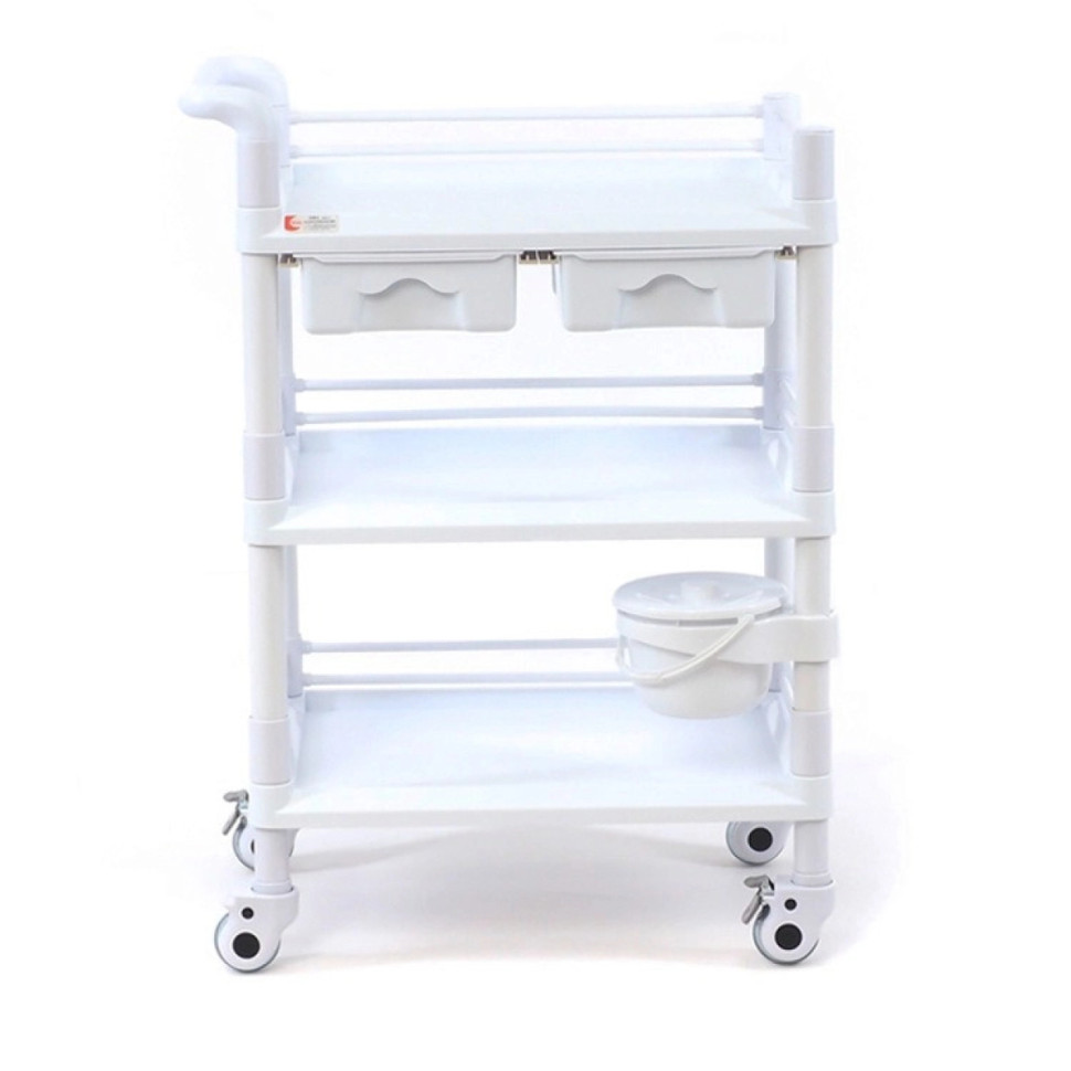 Тележка медицинская (стол манипуляционный) МЕТ SPY-130 (3 полки, 2 ящика, ведро), белый