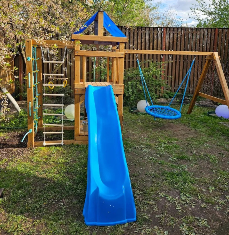 Детская площадка KD1-2 с голубой горкой и крышей, 1 голубые качели гнездо 80см