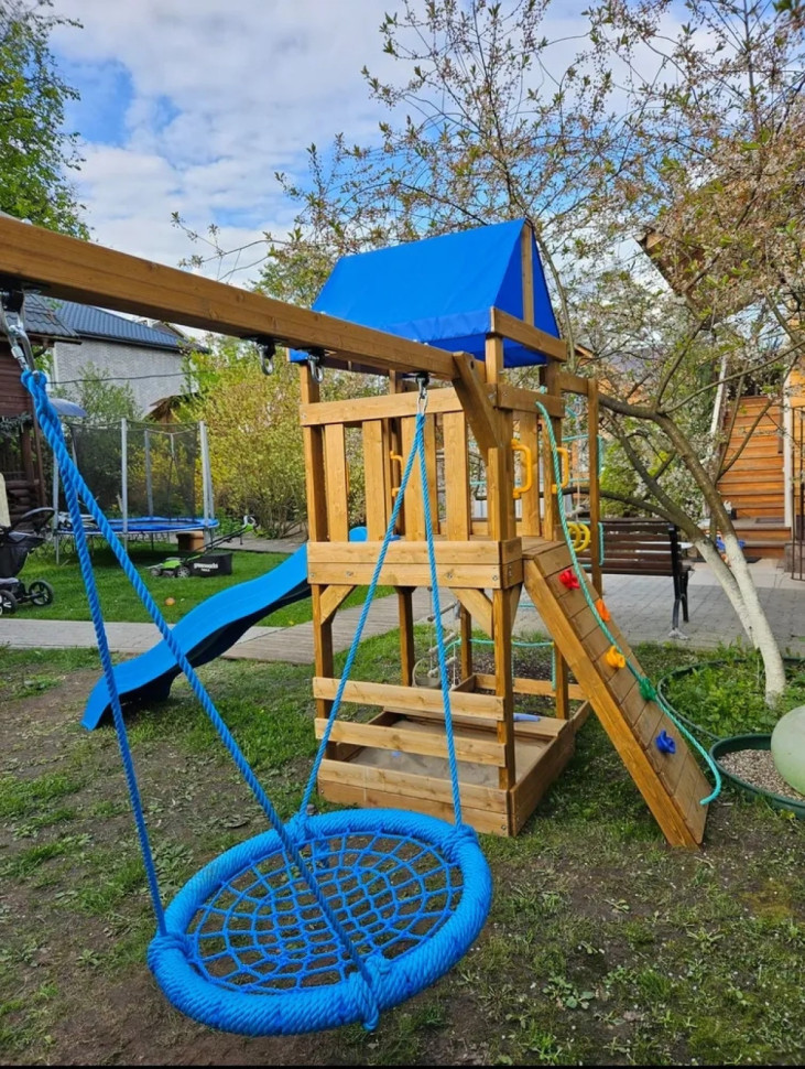 Детская площадка KD1-2 с голубой горкой и крышей, 1 голубые качели гнездо 80см