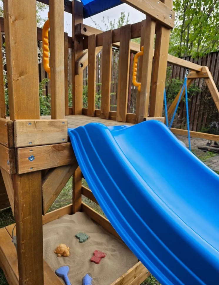 Детская площадка KD1-2 с голубой горкой и крышей, 1 голубые качели гнездо 80см