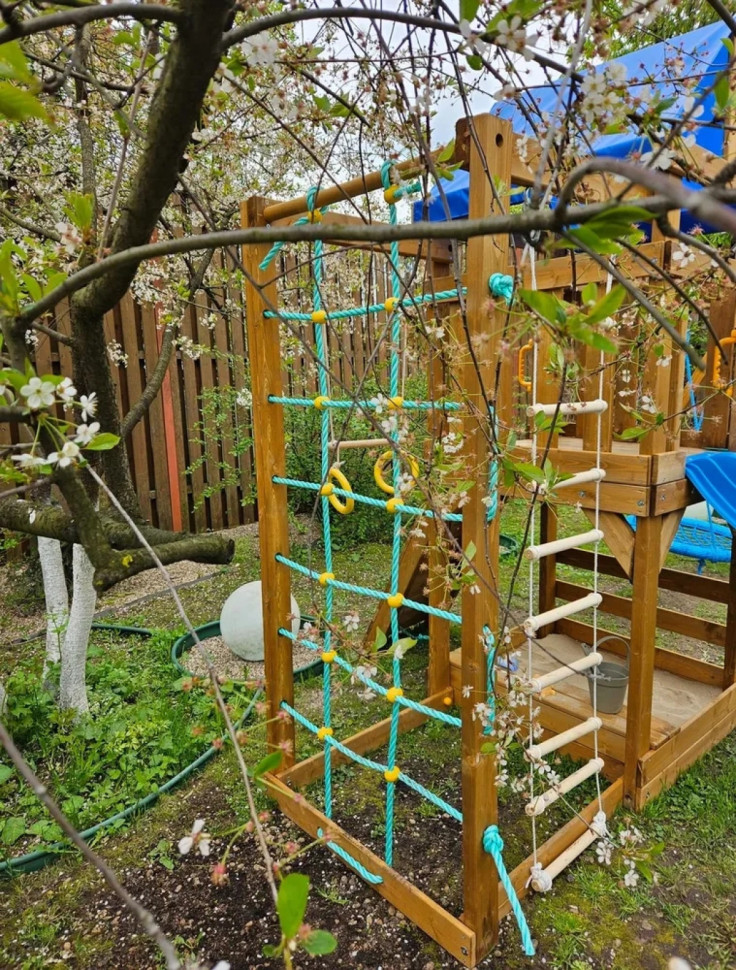 Детская площадка KD1-2 с голубой горкой и крышей, 1 голубые качели гнездо 80см