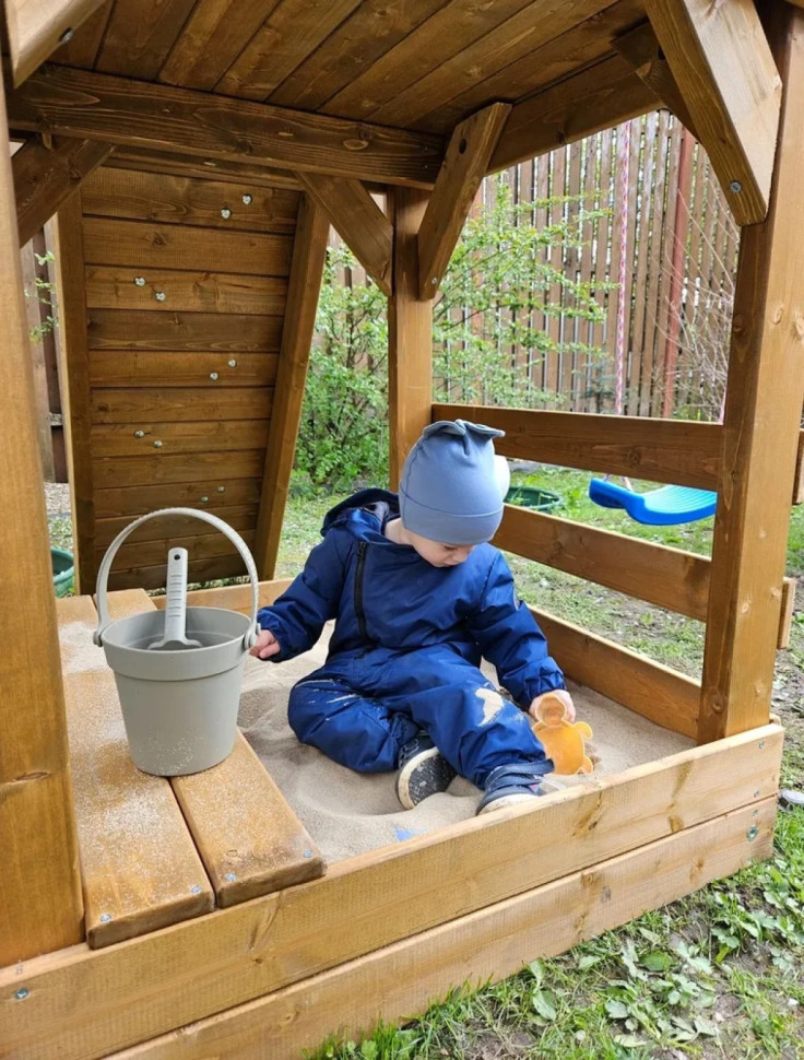 Детская площадка KD1-2 с голубой горкой и крышей, 1 голубые качели гнездо 80см