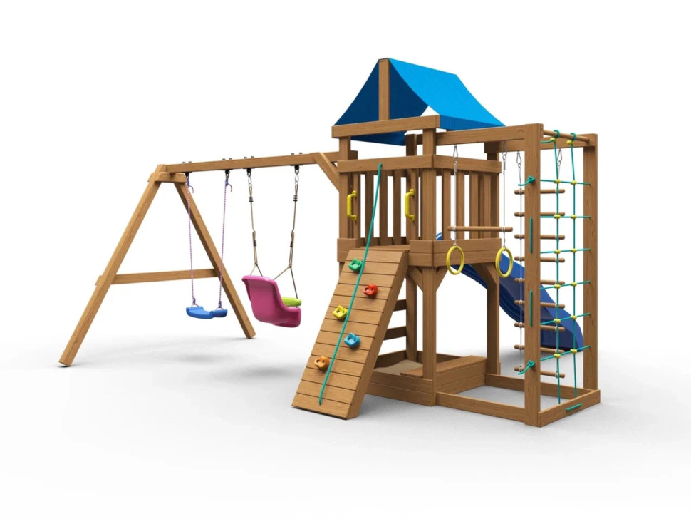 Детская площадка KD1-1 с голубой горкой и крышей, 1 качели лодочка + 1 качели кубельковые