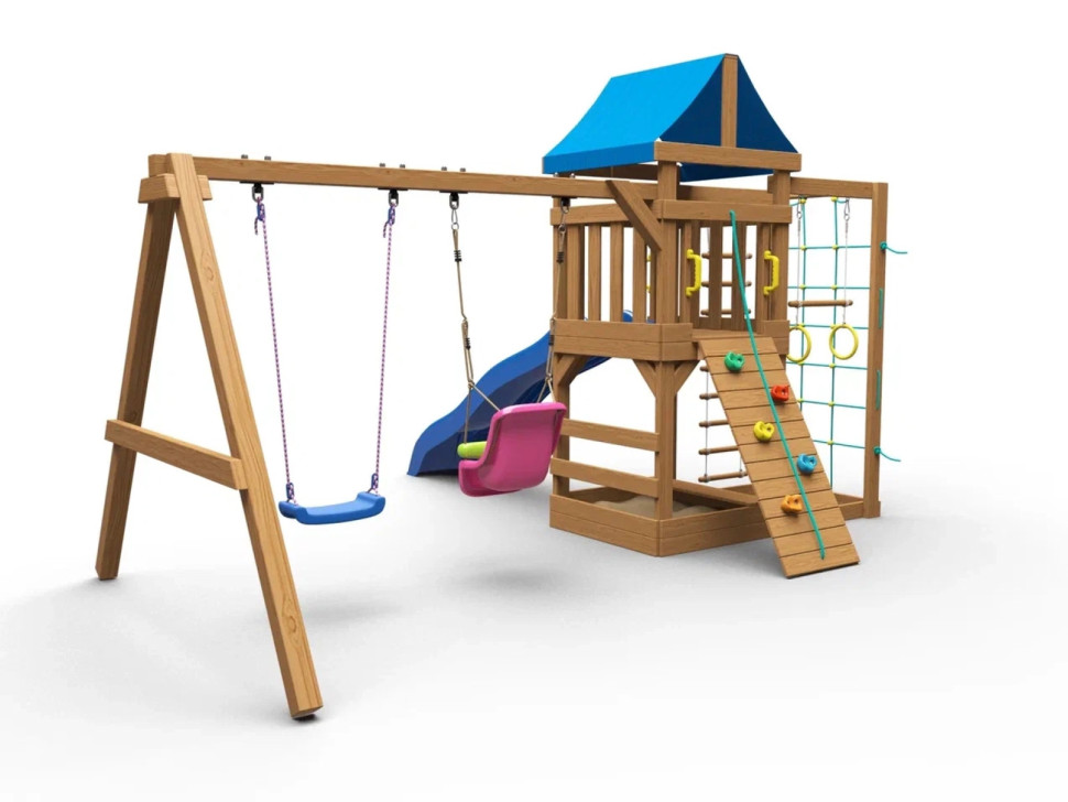 Детская площадка KD1-1 с голубой горкой и крышей, 1 качели лодочка + 1 качели кубельковые