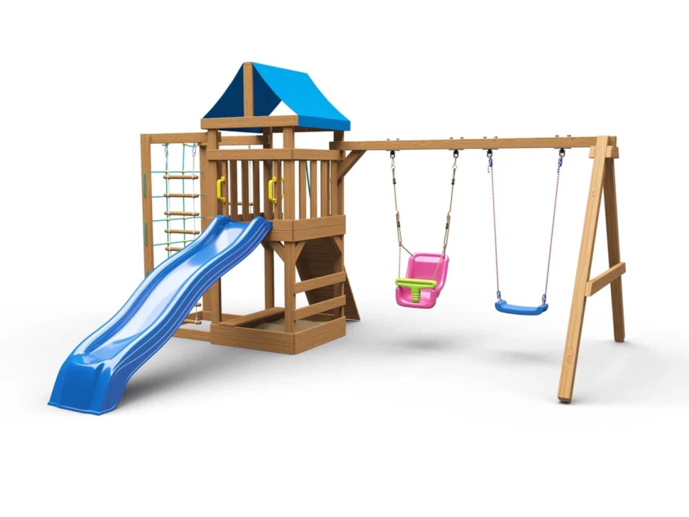 Детская площадка KD1-1 с голубой горкой и крышей, 1 качели лодочка + 1 качели кубельковые
