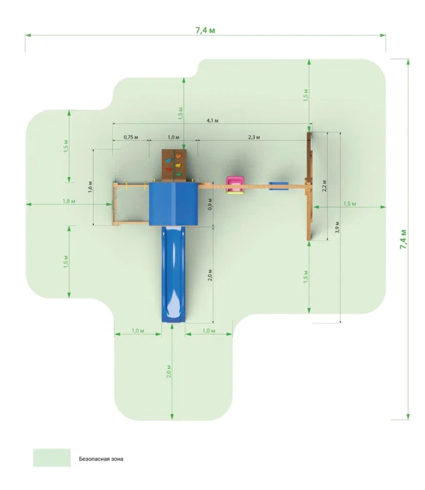 Детская площадка KD1-1 с голубой горкой и крышей, 1 качели лодочка + 1 качели кубельковые