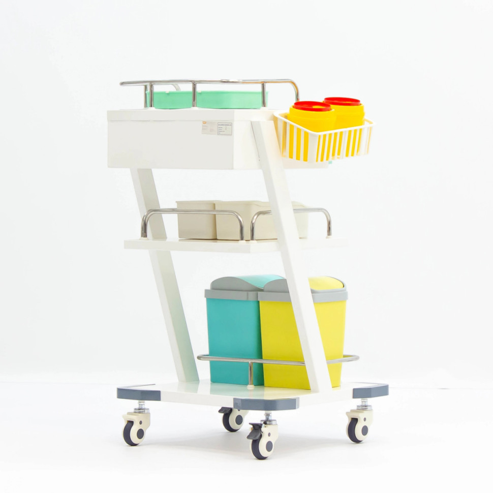 Тележка медицинская MET AVK-130 трехполочная с выдвижным ящиком и аксессуарами