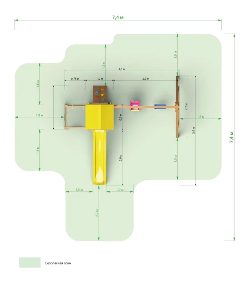 Детская площадка KD1-1 с желтой горкой и крышей, 1 качели лодочка + 1 качели кубельковые