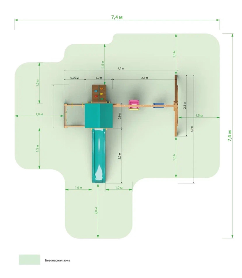 Детская площадка KD1-1 с зеленой горкой и крышей, 1 качели лодочка + 1 качели кубельковые