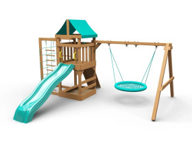 Детская площадка KD1-2 с зеленой горкой и крышей, 1 зеленые качели гнездо 80см
