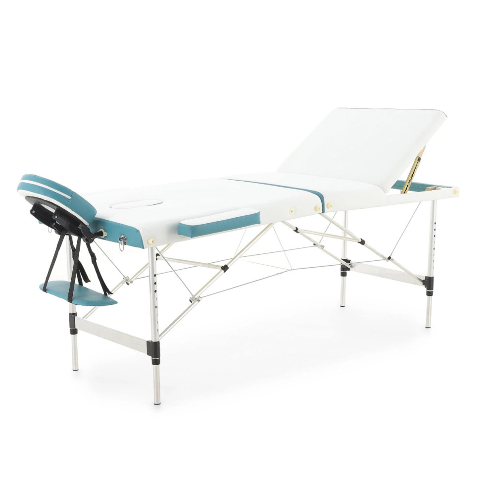 Массажный стол складной MED-MOS JFAL01A 3-х секционный, алюминиевая рама, белый-голубой